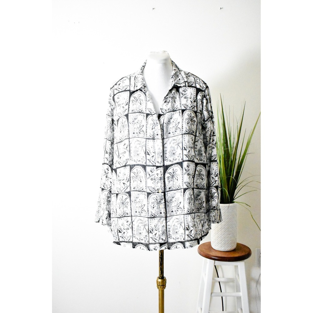 C&C California Linen Shirt Womens 2X Black White Modern Tropical Toile Safari